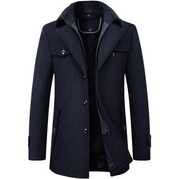 Men's Stylish Wool Blend Single Breasted Coat Deep Blue